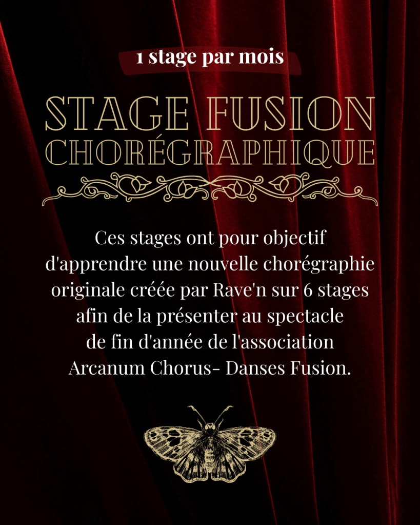 Ces stages ont pour objectif d'apprendre une nouvelle chorégraphie originale créée par
Rave'n sur 6 stages afin de la présenter au Spectacle de fin d'année de l'association
Arcanum Chorus- Danses Fusion du Samedi 4 juillet 2026.