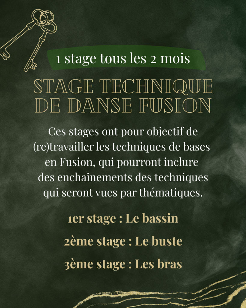 Ces stages ont pour objectif de (re)travailler les techniques de bases en Fusion, qui
pourront inclure des enchaînements des techniques qui seront vues par thématiques. 1er stage: bassin, 2ème stage: buste, 3ème stage: bras.