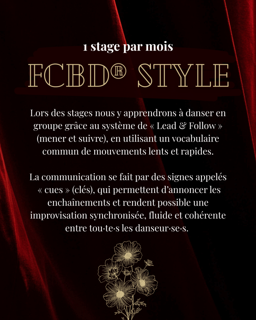 Lors des stages nous y apprendrons à danser en groupe grâce au système de « Lead & Follow » (mener et suivre), en utilisant un vocabulaire commun de mouvements lents et rapides. La communication se fait par des signes appelés « cues » (clés), qui permettent d’annoncer les enchaînements et rendent possible une improvisation synchronisée, fluide et cohérente entre tou·te·s les danseur·se·s.